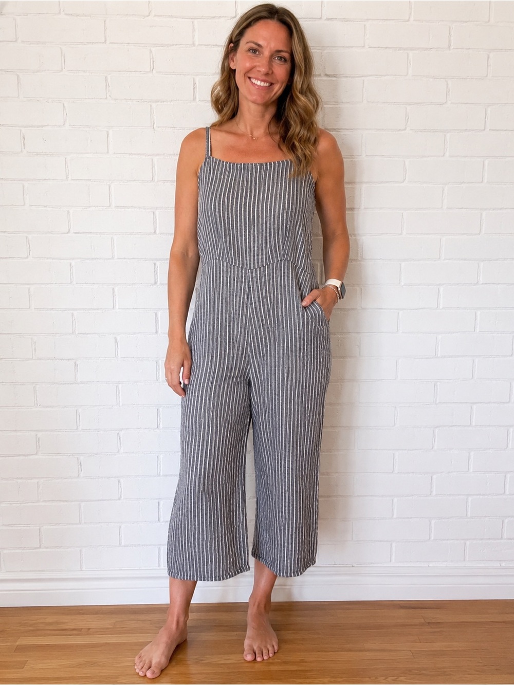 Old Navy Striped Linen Blend Cropped Wide Leg Jumpsuit Medium Blue White